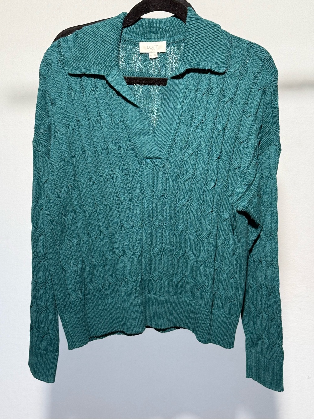 LOFT Teal Cable-Knit V-Neck Polo Sweater - Picture 1 of 4